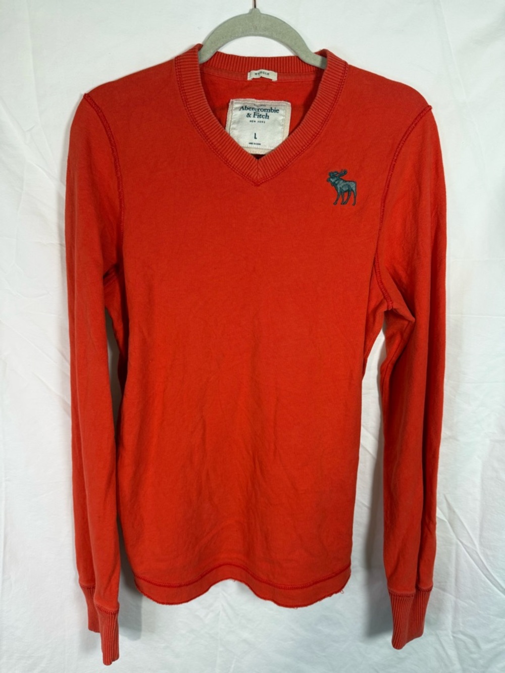 Abercrombie & Fitch Orange V Neck‎ Long Sleeve Tee Moose Logo Muscle Fit